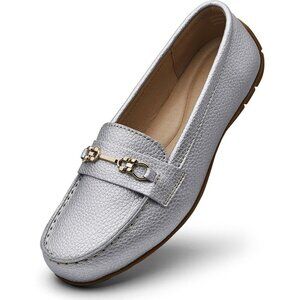Kordal Women's Silver Leather Gold Accent Buckle Slip-Ons Walking Loafers